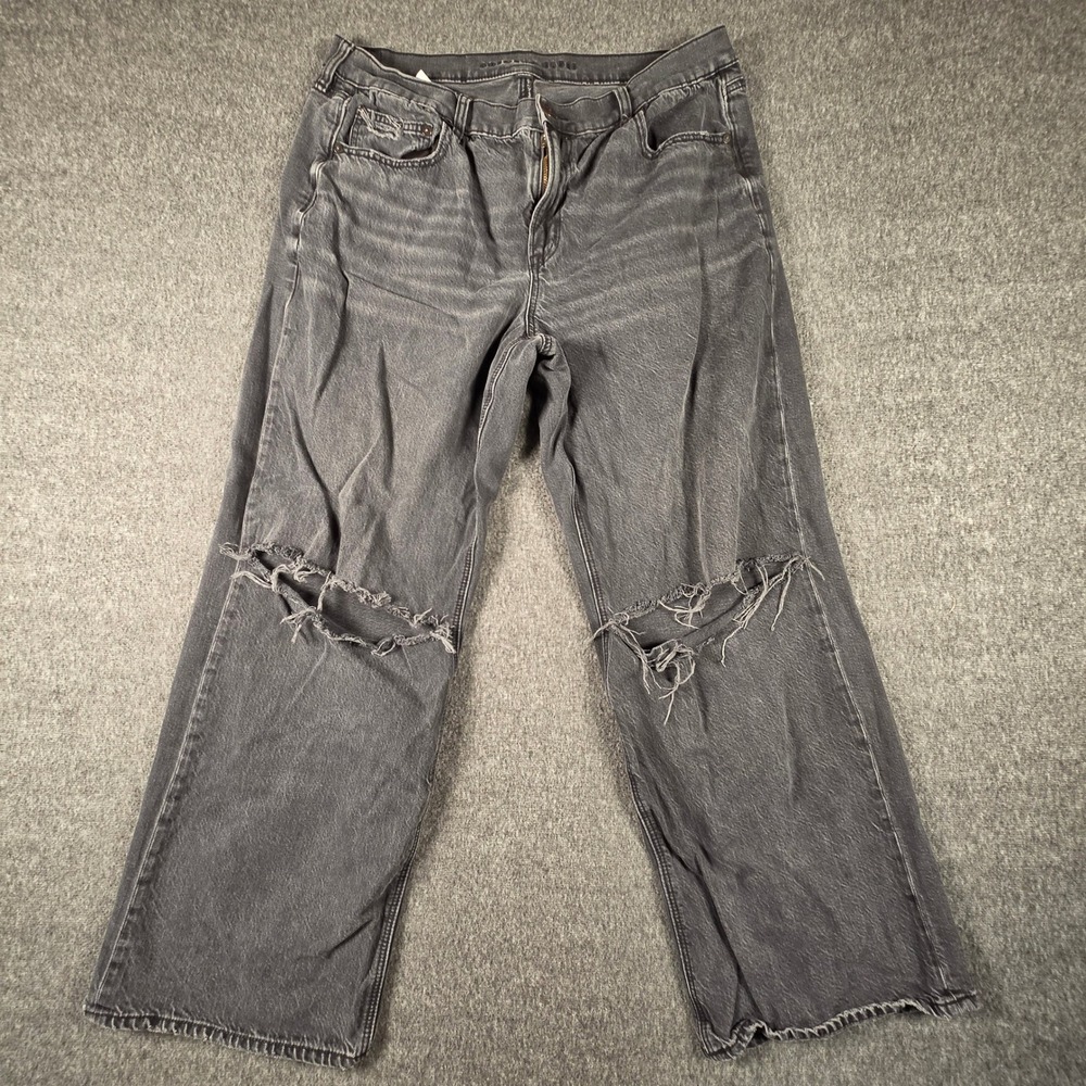 American Eagle Strigid Wide Leg Jeans Womens 14 Distressed Washed Black Faded